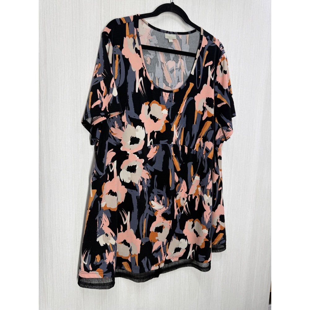Zim & Zoe Womens Floral Empire Waist Tunic Top Mesh Trim Black Pink 22/24 Plus